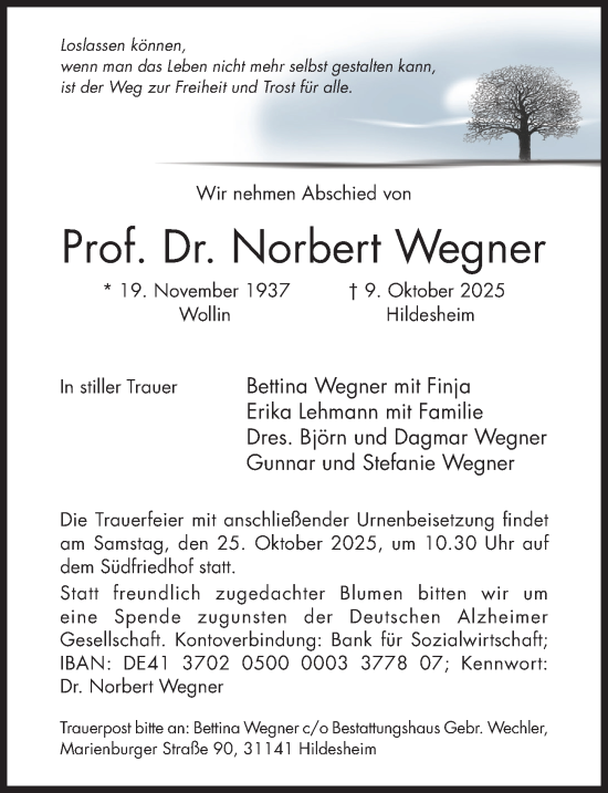 Traueranzeige von Norbert Wegner von Hildesheimer Allgemeine Zeitung