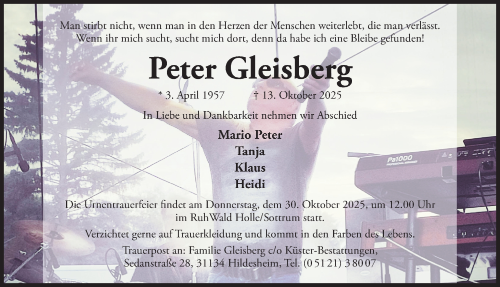  Traueranzeige für Peter Gleisberg vom 22.10.2025 aus Hildesheimer Allgemeine Zeitung