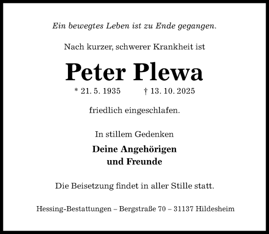 Traueranzeige von Peter Plewa von Hildesheimer Allgemeine Zeitung