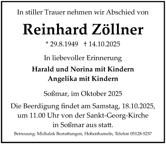 Traueranzeige von Reinhard Zöllner von Hildesheimer Allgemeine Zeitung