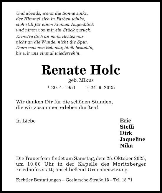 Traueranzeige von Renate Holc von Hildesheimer Allgemeine Zeitung