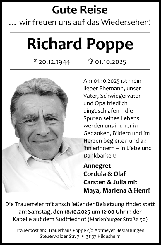 Traueranzeige von Richard Poppe von Hildesheimer Allgemeine Zeitung
