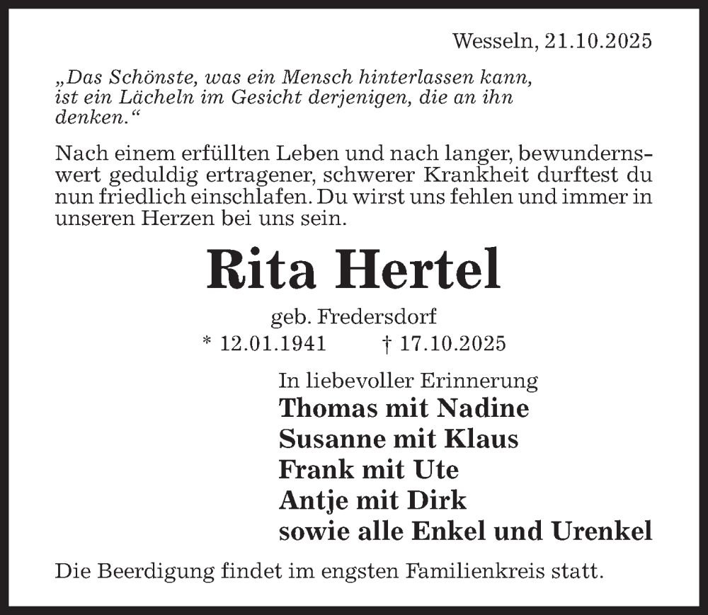  Traueranzeige für Rita Hertel vom 25.10.2025 aus Hildesheimer Allgemeine Zeitung