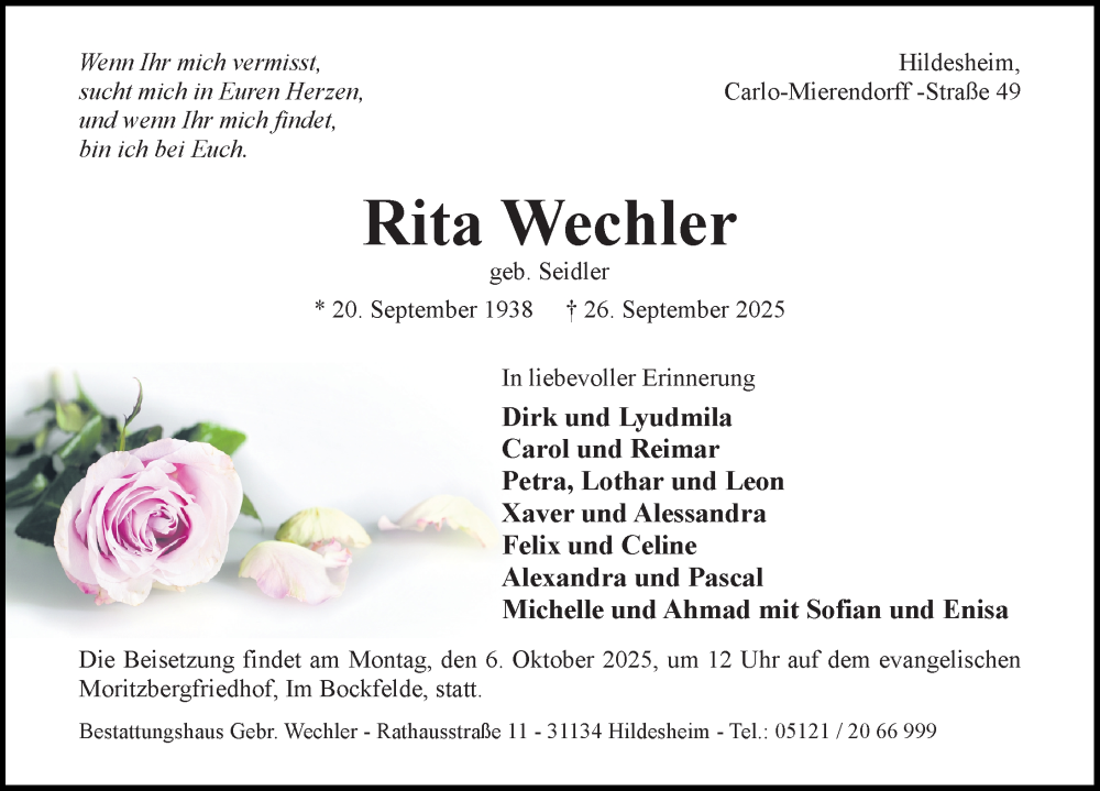  Traueranzeige für Rita Wechler vom 01.10.2025 aus Hildesheimer Allgemeine Zeitung