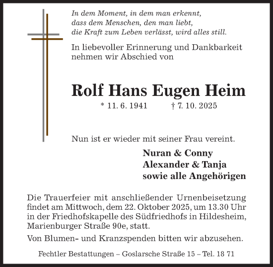 Traueranzeige von Rolf Hans Eugen Heim von Hildesheimer Allgemeine Zeitung
