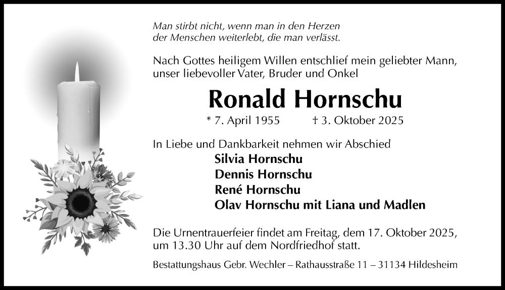  Traueranzeige für Ronald Hornschu vom 11.10.2025 aus Hildesheimer Allgemeine Zeitung