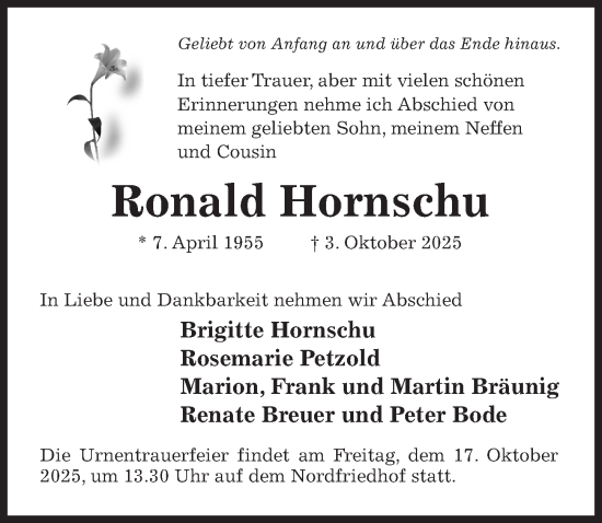 Traueranzeige von Ronald Hornschu von Hildesheimer Allgemeine Zeitung