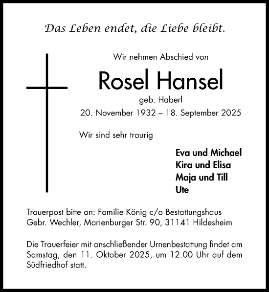 Traueranzeige von Rosel Hansel von Hildesheimer Allgemeine Zeitung