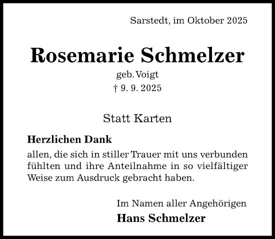 Traueranzeige von Rosemarie Schmelzer von Hildesheimer Allgemeine Zeitung