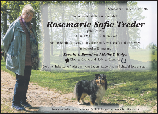 Traueranzeige von Rosemarie Sofie Treder von Hildesheimer Allgemeine Zeitung