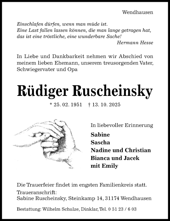 Traueranzeige von Rüdiger Ruscheinsky von Hildesheimer Allgemeine Zeitung