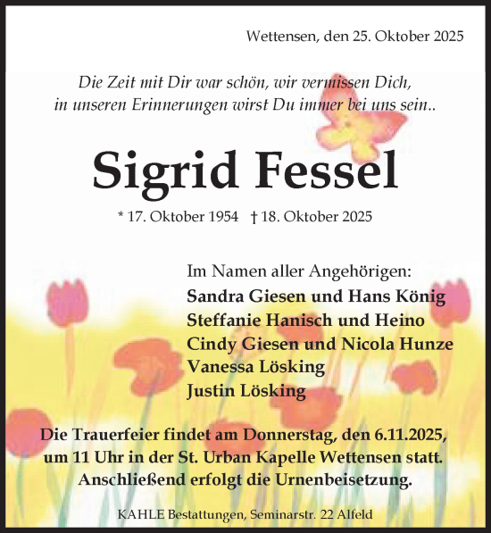 Traueranzeige von Sigrid Fessel von Hildesheimer Allgemeine Zeitung