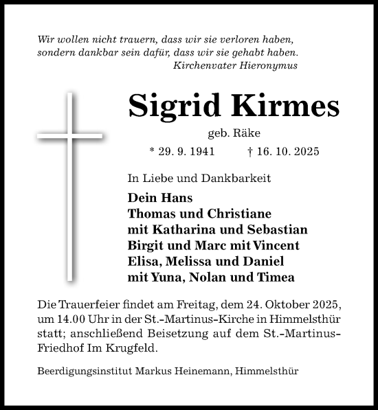 Traueranzeige von Sigrid Kirmes von Hildesheimer Allgemeine Zeitung
