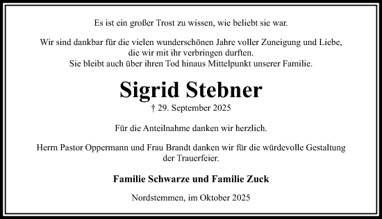 Traueranzeige von Sigrid Stebner von Hildesheimer Allgemeine Zeitung