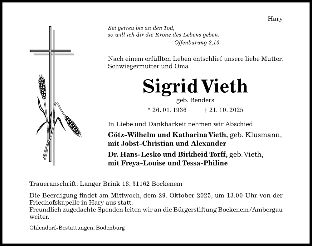  Traueranzeige für Sigrid Vieth vom 25.10.2025 aus Hildesheimer Allgemeine Zeitung