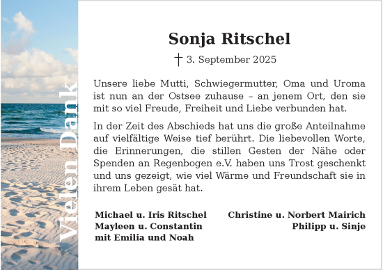 Traueranzeige von Sonja Ritschel von Hildesheimer Allgemeine Zeitung