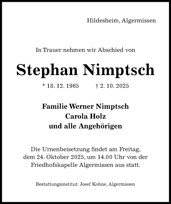 Traueranzeige von Stephan Nimptsch von Hildesheimer Allgemeine Zeitung