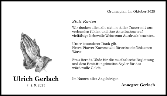 Traueranzeige von Ulrich Gerlach von Hildesheimer Allgemeine Zeitung