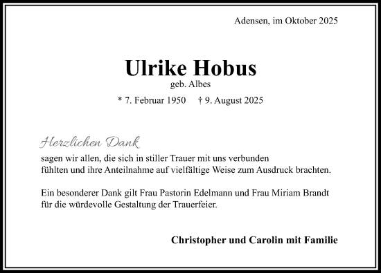 Traueranzeige von Ulrike Hobus von Hildesheimer Allgemeine Zeitung