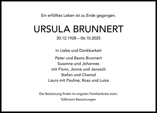 Traueranzeige von Ursula Brunnert von Hildesheimer Allgemeine Zeitung