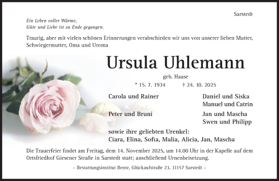 Traueranzeige von Ursula Uhlemann von Hildesheimer Allgemeine Zeitung
