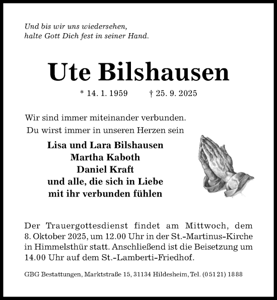 Traueranzeige von Ute Bilshausen von Hildesheimer Allgemeine Zeitung