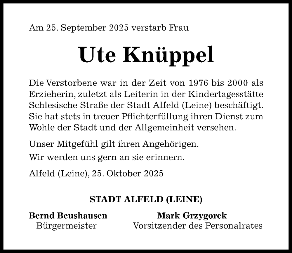  Traueranzeige für Ute Knüppel vom 25.10.2025 aus Hildesheimer Allgemeine Zeitung