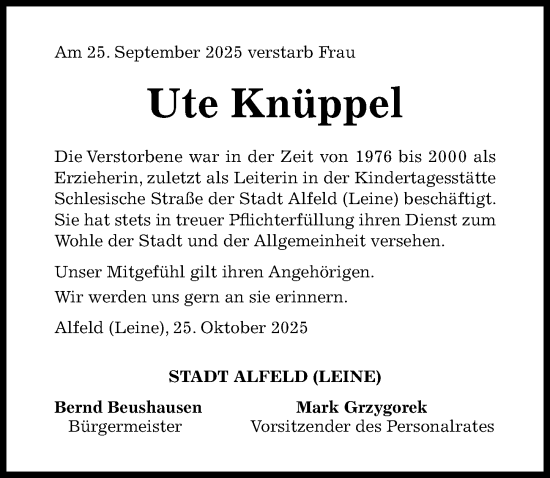 Traueranzeige von Ute Knüppel von Hildesheimer Allgemeine Zeitung