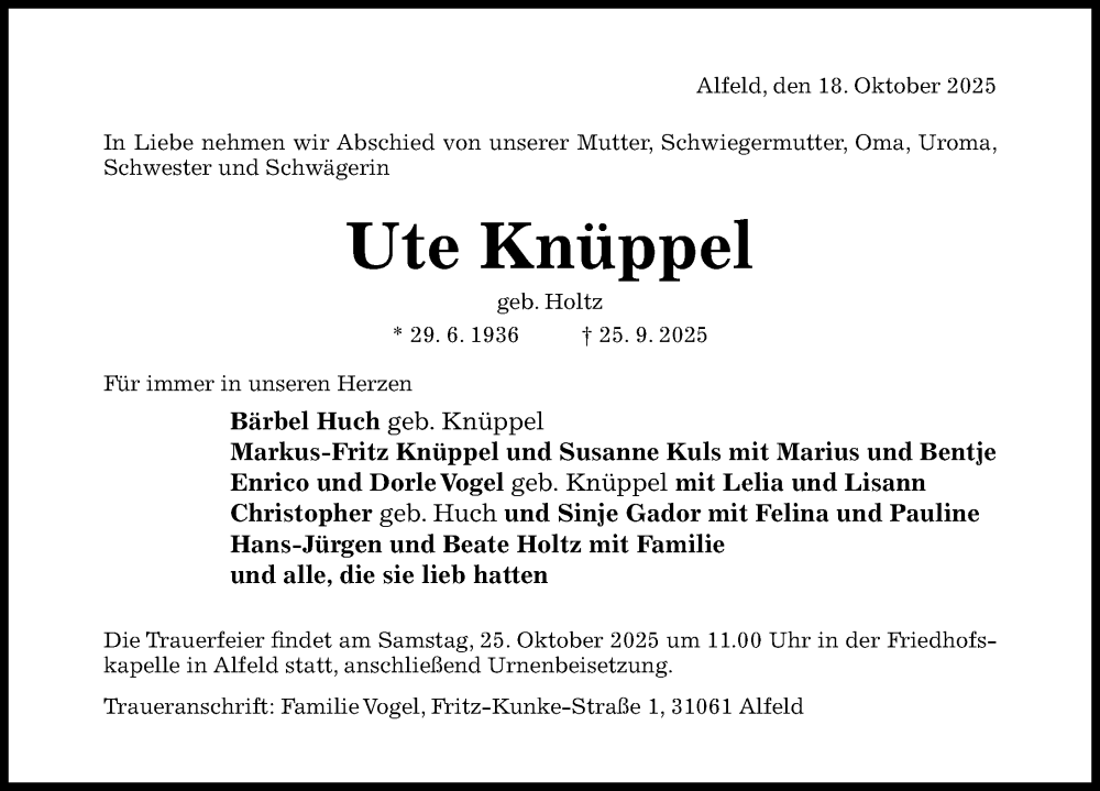  Traueranzeige für Ute Knüppel vom 18.10.2025 aus Hildesheimer Allgemeine Zeitung