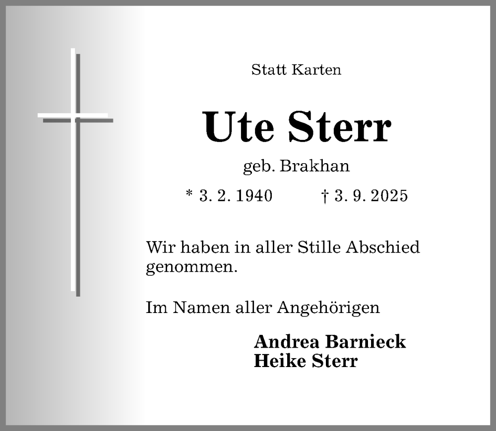  Traueranzeige für Ute Sterr vom 01.10.2025 aus Hildesheimer Allgemeine Zeitung