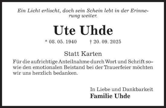 Traueranzeige von Ute Uhde von Hildesheimer Allgemeine Zeitung