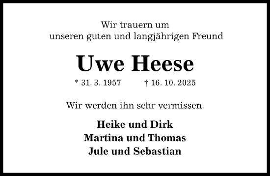 Traueranzeige von Uwe Heese von Hildesheimer Allgemeine Zeitung