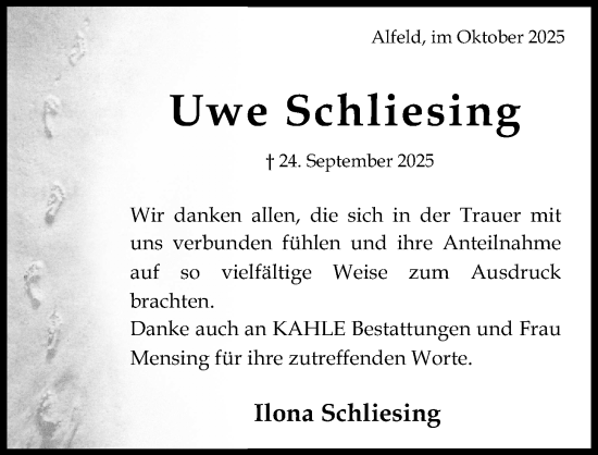 Traueranzeige von Uwe Schliesing von Hildesheimer Allgemeine Zeitung