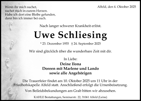 Traueranzeige von Uwe Schliesing von Hildesheimer Allgemeine Zeitung