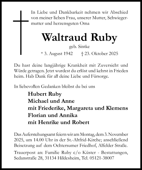 Traueranzeige von Waltraud Ruby von Hildesheimer Allgemeine Zeitung