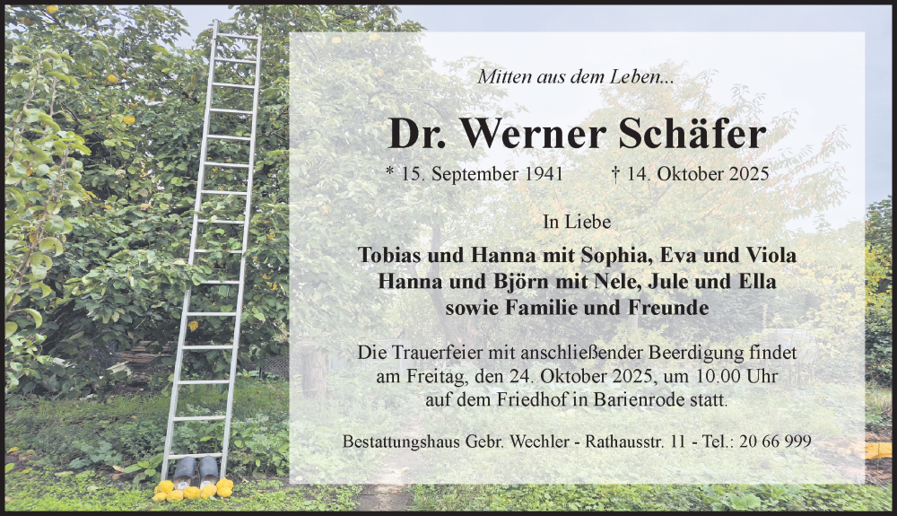  Traueranzeige für Werner Schäfer vom 18.10.2025 aus Hildesheimer Allgemeine Zeitung