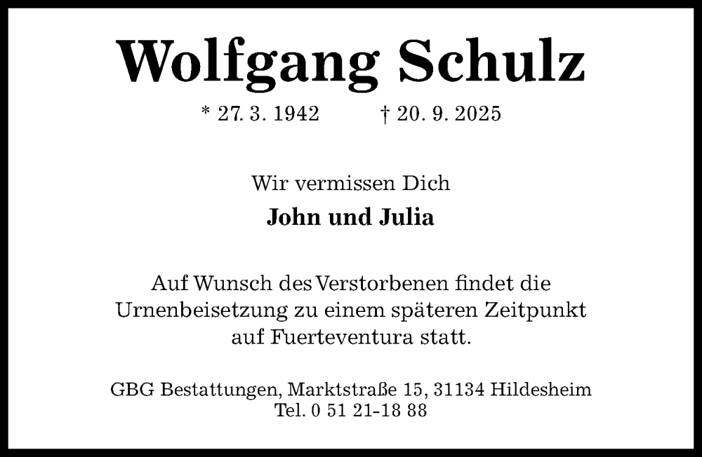 Traueranzeige für Wolfgang Schulz vom 01.10.2025 aus Hildesheimer Allgemeine Zeitung
