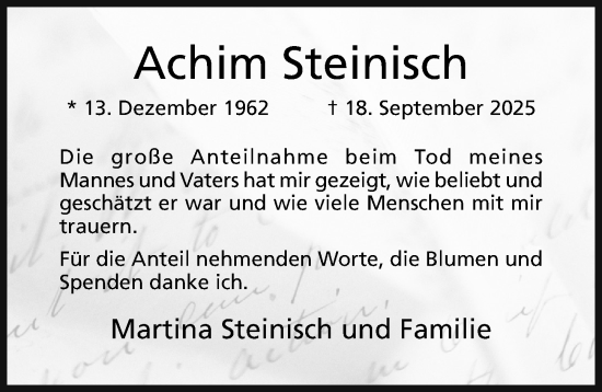 Traueranzeige von Achim Steinisch von Hildesheimer Allgemeine Zeitung