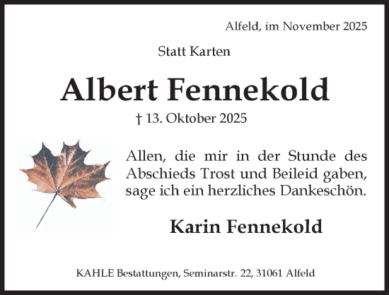 Traueranzeige von Albert Fennekold von Hildesheimer Allgemeine Zeitung
