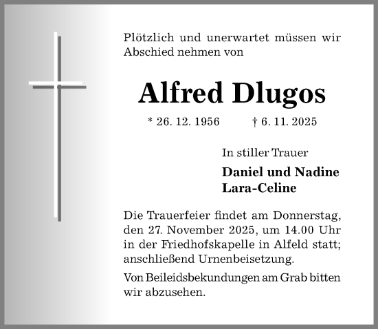 Traueranzeige von Alfred Dlugos von Hildesheimer Allgemeine Zeitung