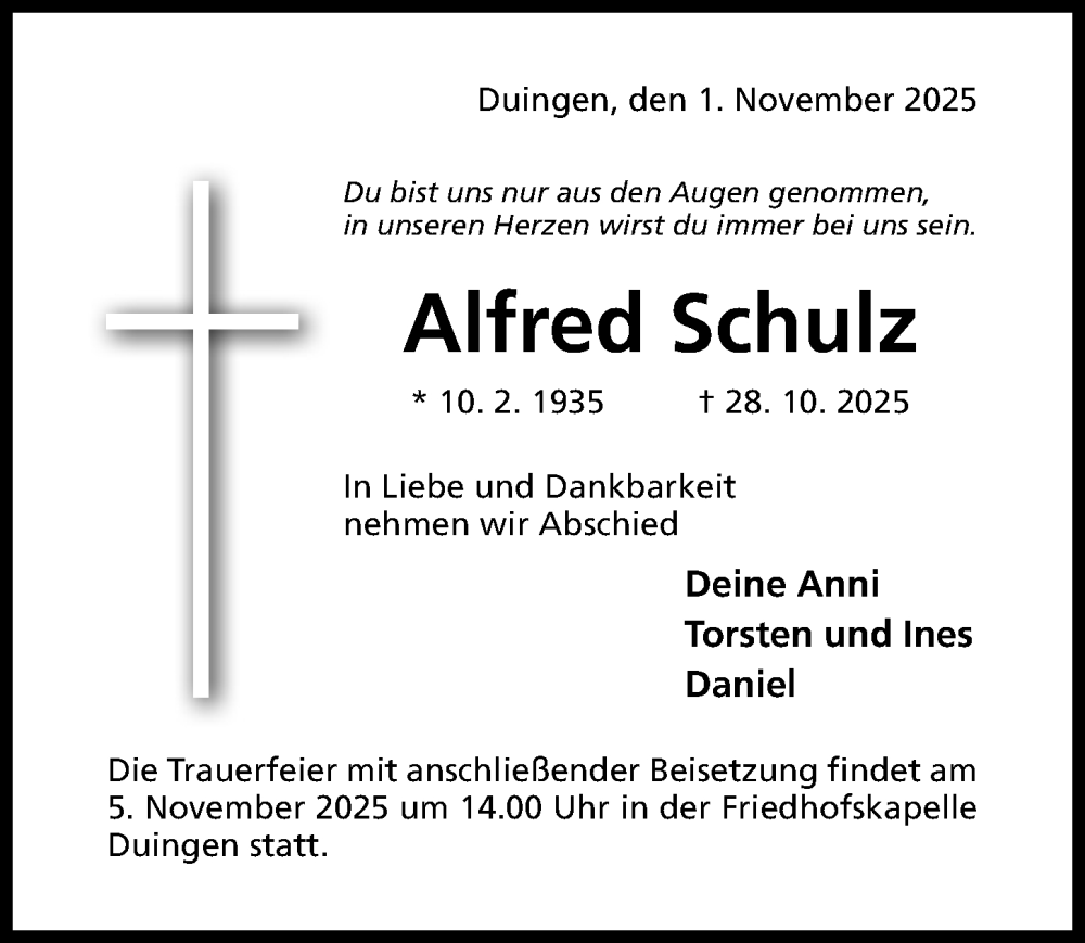  Traueranzeige für Alfred Schulz vom 01.11.2025 aus Hildesheimer Allgemeine Zeitung