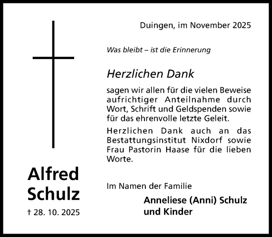 Traueranzeige von Alfred Schulz von Hildesheimer Allgemeine Zeitung