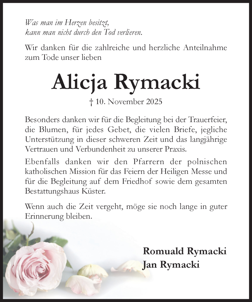  Traueranzeige für Alicja Rymacki vom 29.11.2025 aus Hildesheimer Allgemeine Zeitung