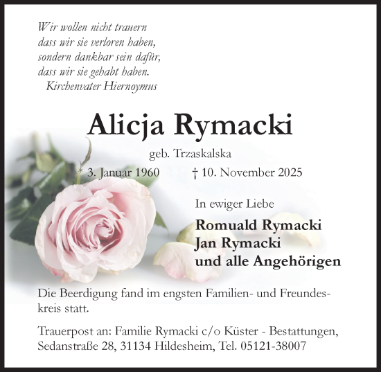Traueranzeige von Alicja Rymacki von Hildesheimer Allgemeine Zeitung