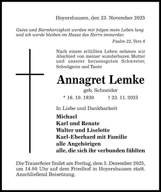 Traueranzeige von Annagret Lemke von Hildesheimer Allgemeine Zeitung