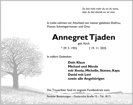 Traueranzeige von Annegret Tjaden von Hildesheimer Allgemeine Zeitung