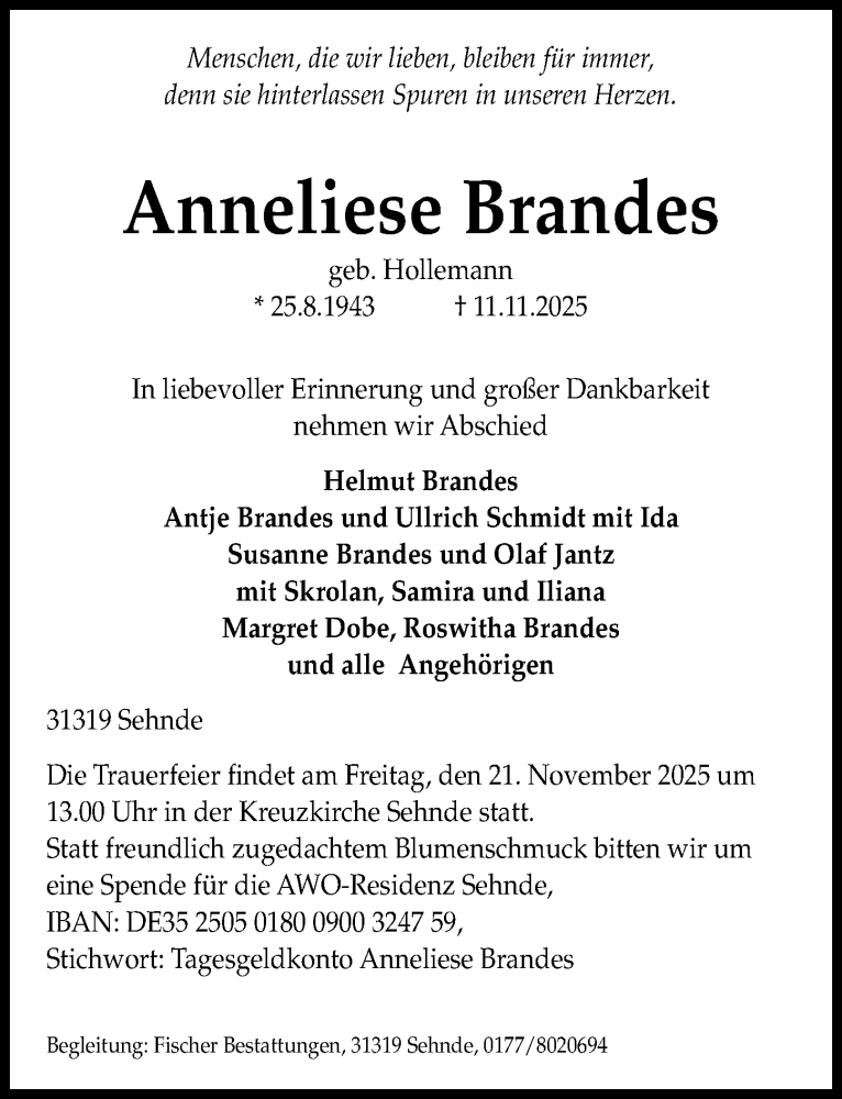  Traueranzeige für Anneliese Brandes vom 15.11.2025 aus Hildesheimer Allgemeine Zeitung