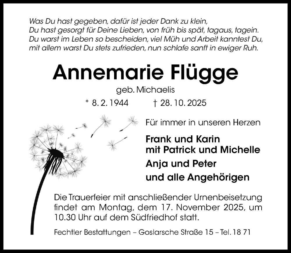  Traueranzeige für Annemarie Flügge vom 12.11.2025 aus Hildesheimer Allgemeine Zeitung