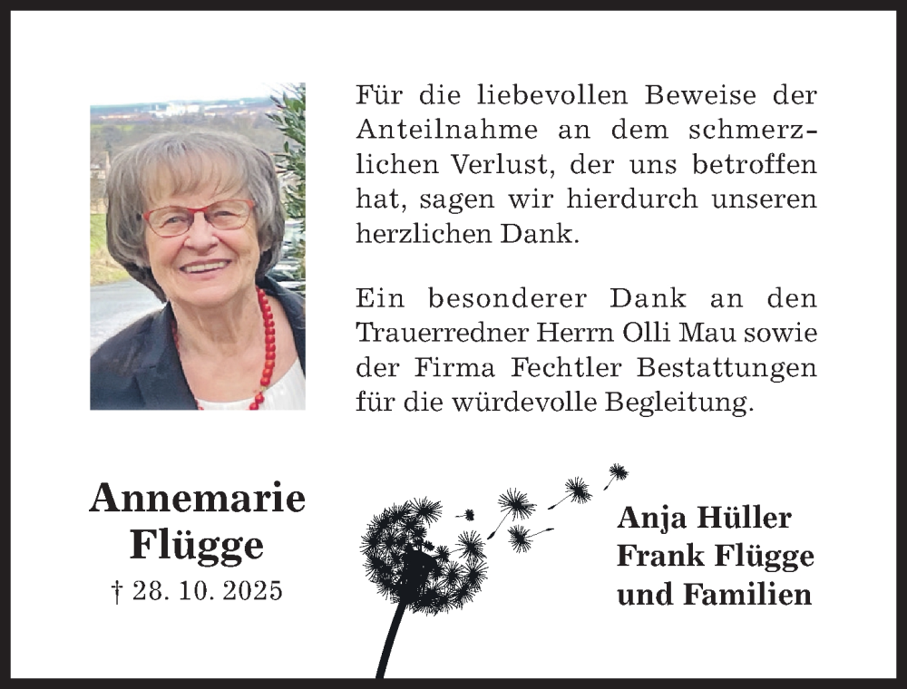  Traueranzeige für Annemarie Flügge vom 26.11.2025 aus Hildesheimer Allgemeine Zeitung