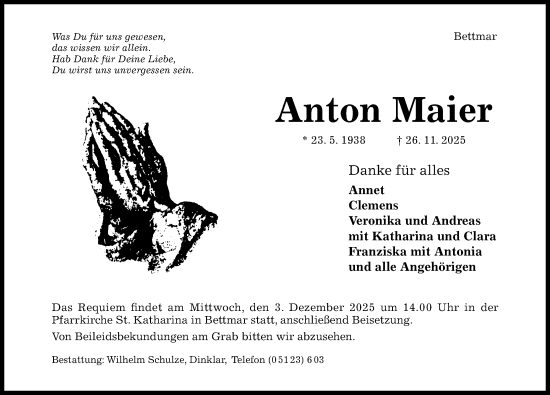 Traueranzeige von Anton Maier von Hildesheimer Allgemeine Zeitung